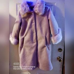 Fashionable pink coat fuzzy collar and cuffs